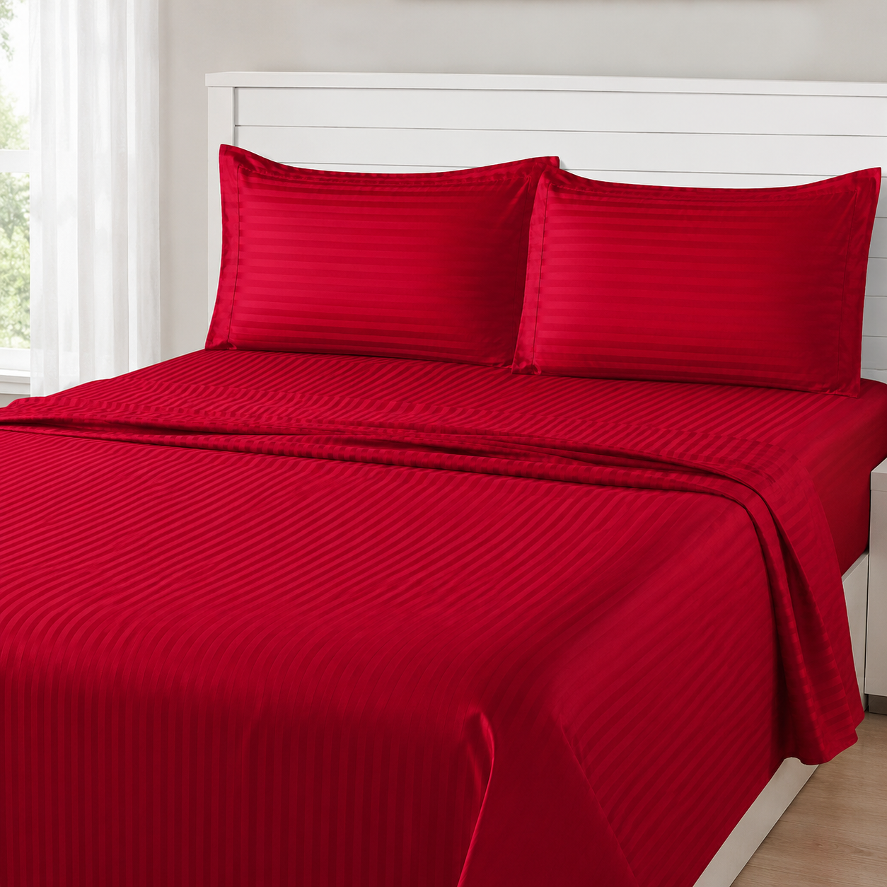 Red Striped 100% Cotton King Bedsheet Set with 2 Pillow Covers | 300 TC | AD10