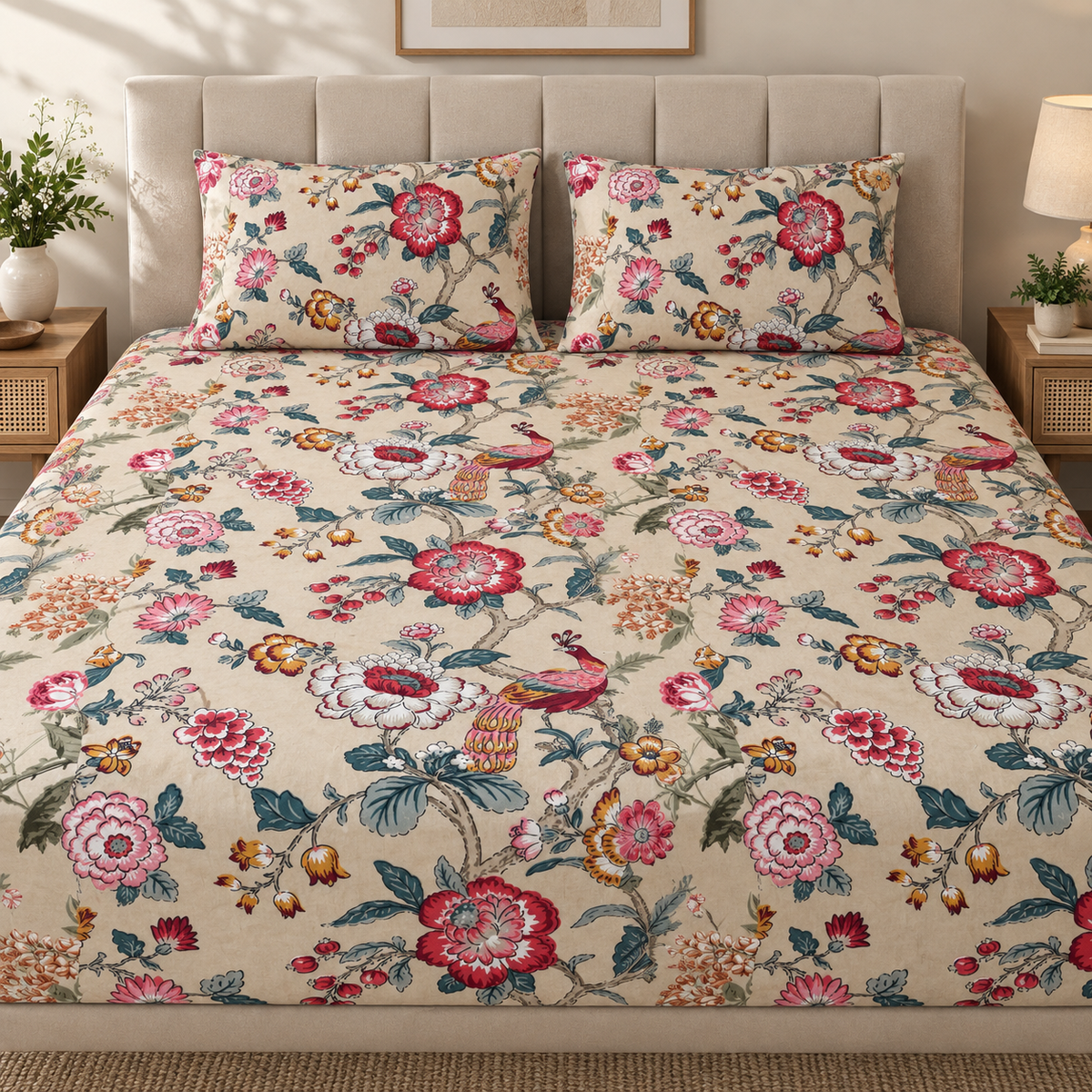 Peacock Garden Premium Fitted Bedsheet – AD110