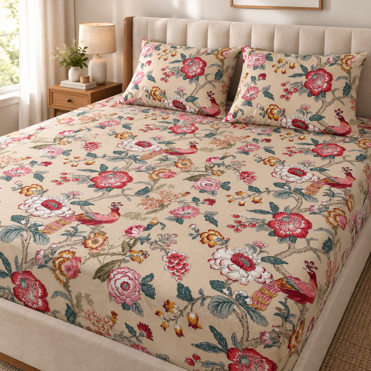 Peacock Garden Premium Fitted Bedsheet – AD110
