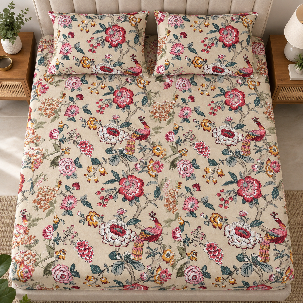 Peacock Garden Premium Fitted Bedsheet – AD110