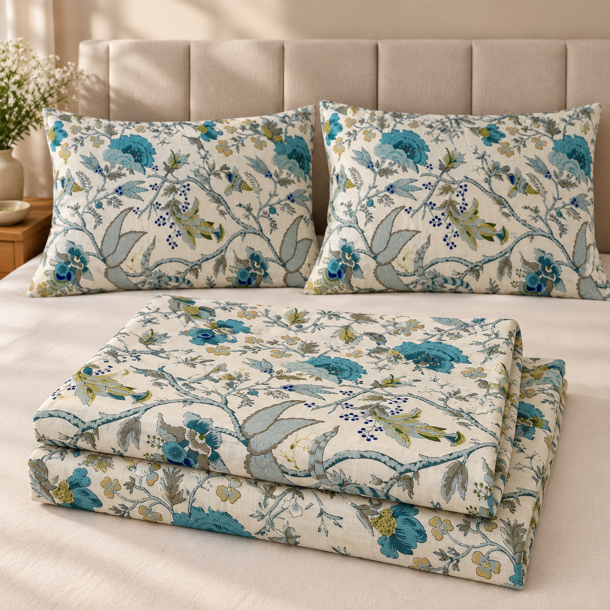Azure Bloom Premium Fitted Bedsheet – AD117