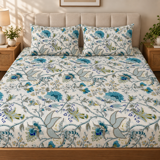 Azure Bloom Premium Fitted Bedsheet – AD117