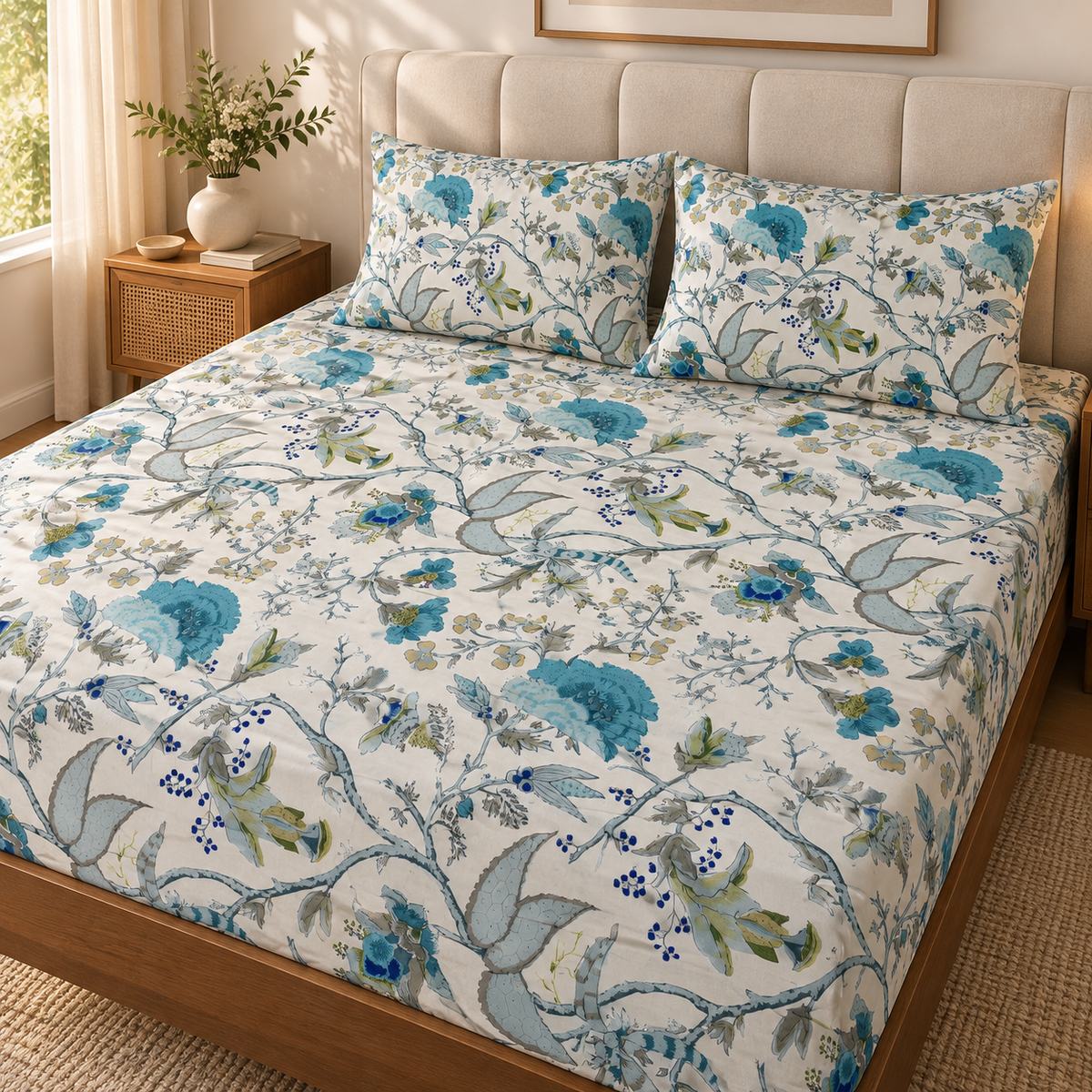 Azure Bloom Premium Fitted Bedsheet – AD117