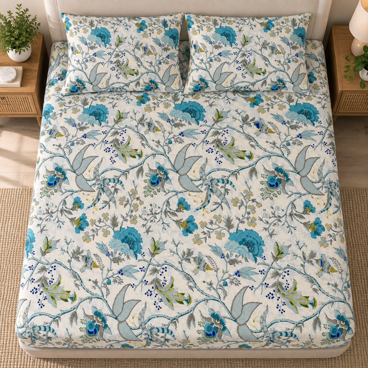 Azure Bloom Premium Fitted Bedsheet – AD117