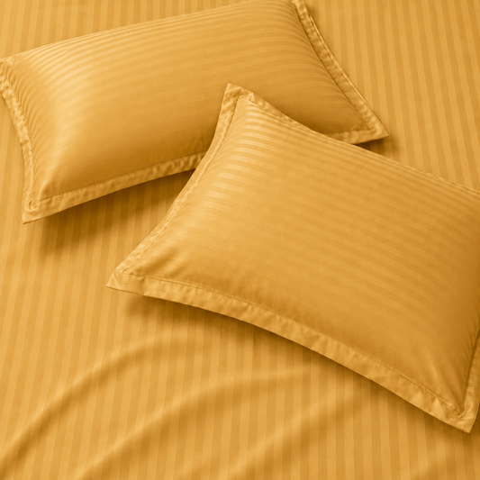 AD11 - Mustard Striped 100% Cotton King Bedsheet Set | 300 TC |