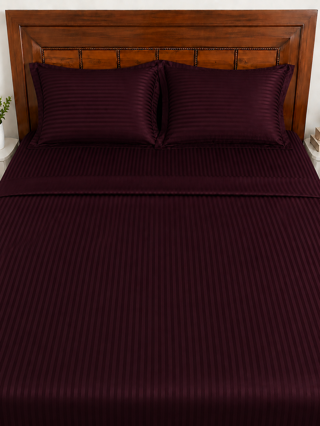 AD13 | Burgundy Striped 100% Cotton 300TC King Bedsheet with 2 Pillow Covers