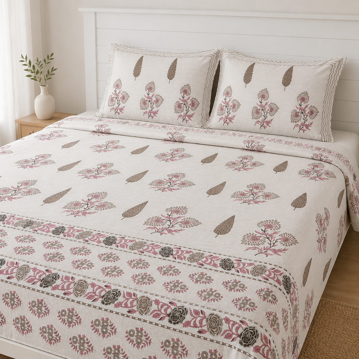 AD1- 100% Cotton Floral Bedsheet Set | King Size (108 x 108 in) | Soft & Breathable | With 2 Pillow Covers