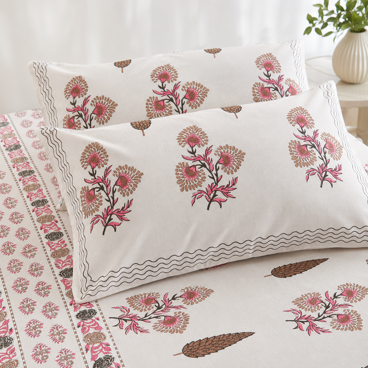 AD1- 100% Cotton Floral Bedsheet Set | King Size (108 x 108 in) | Soft & Breathable | With 2 Pillow Covers