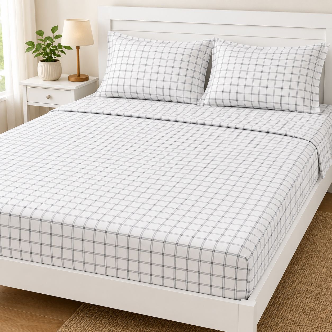 AD24 – Classic Grey Check Pure Cotton Super King Bedsheet Set