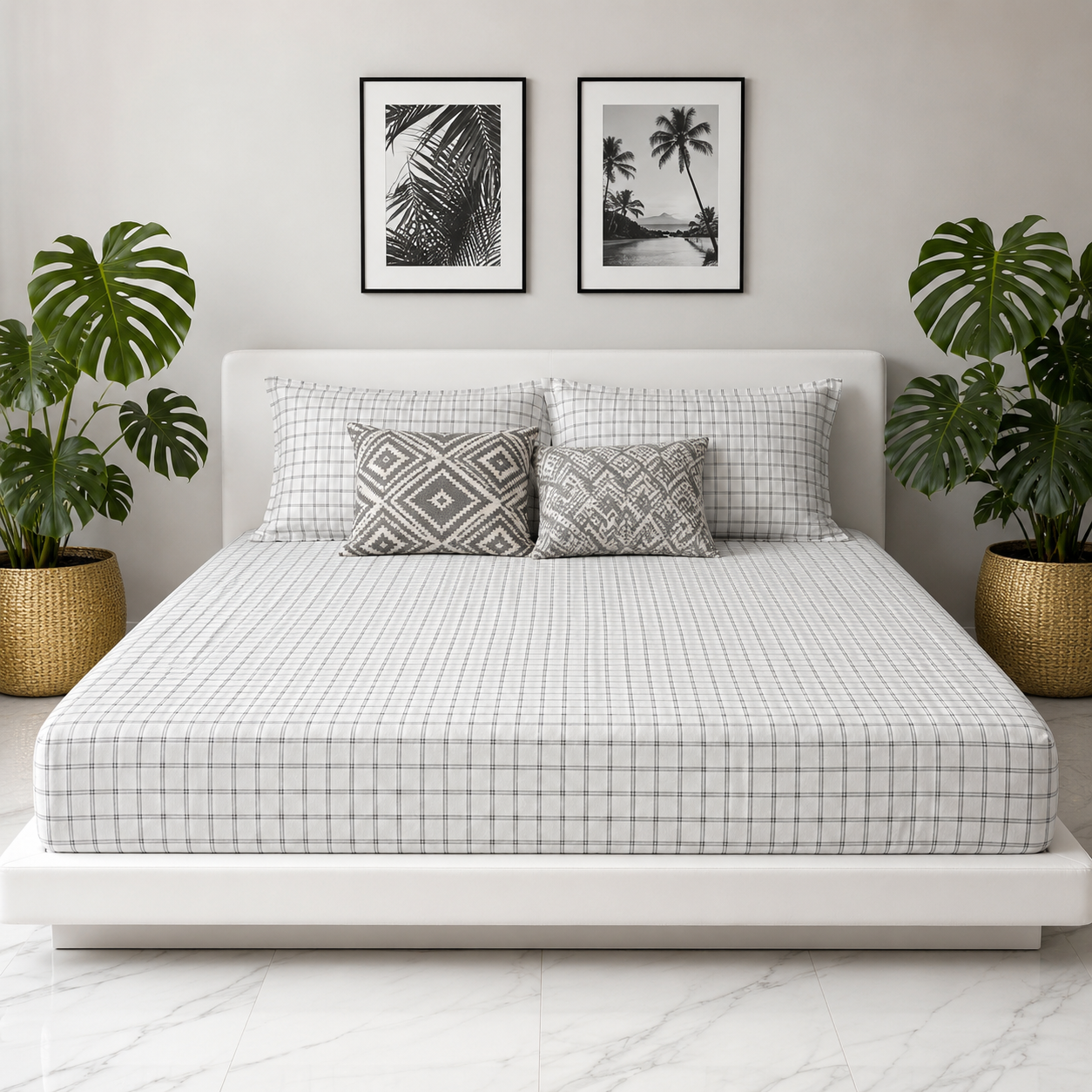 AD24 – Classic Grey Check Pure Cotton Super King Bedsheet Set
