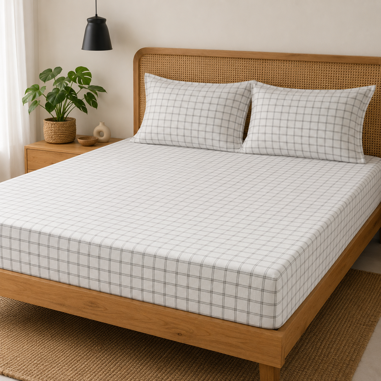 AD24 – Classic Grey Check Pure Cotton Super King Bedsheet Set