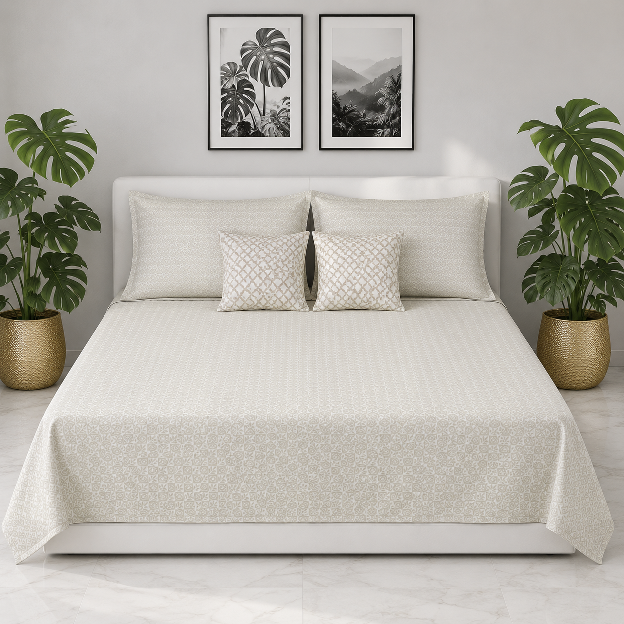 AD25 – Ivory Geometric Pure Cotton Super King Bedsheet Set