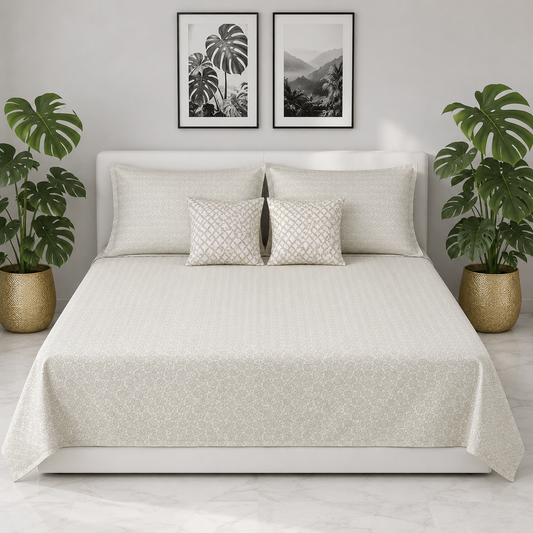 AD25 – Ivory Geometric Pure Cotton Super King Bedsheet Set
