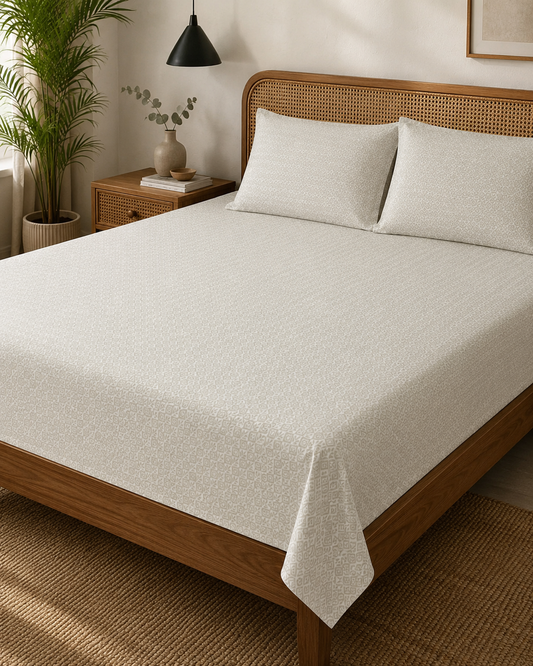 AD25 – Ivory Geometric Pure Cotton Super King Bedsheet Set