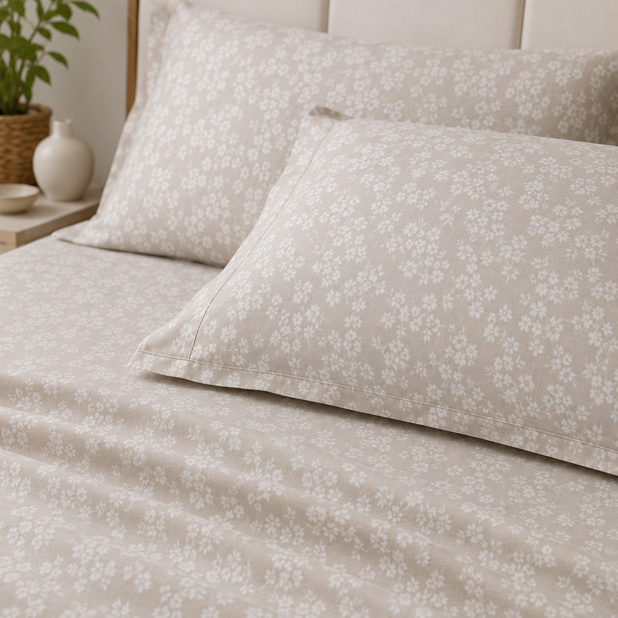 AD26 – Sand Beige Floral Pure Cotton Super King Bedsheet Set