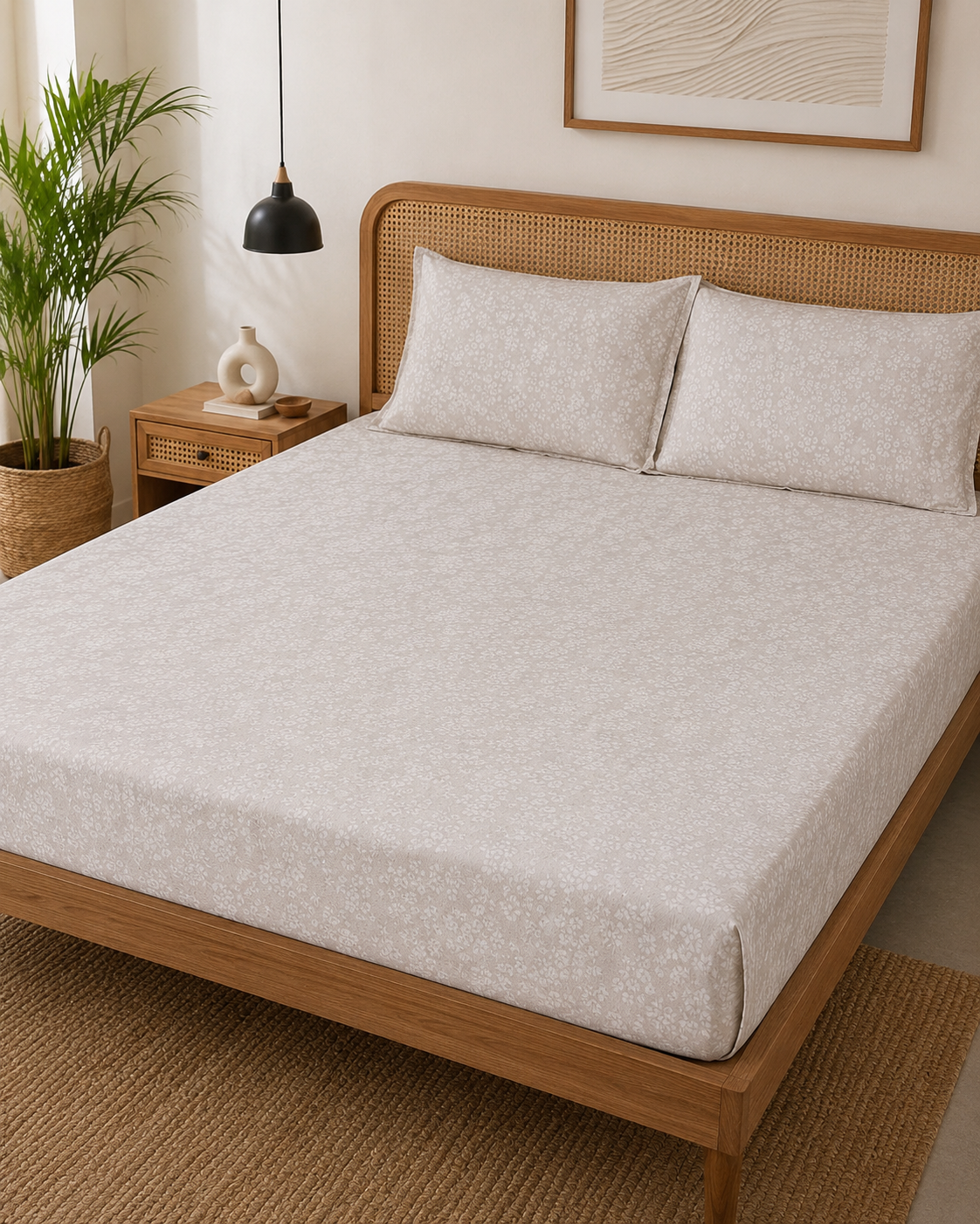AD26 – Sand Beige Floral Pure Cotton Super King Bedsheet Set