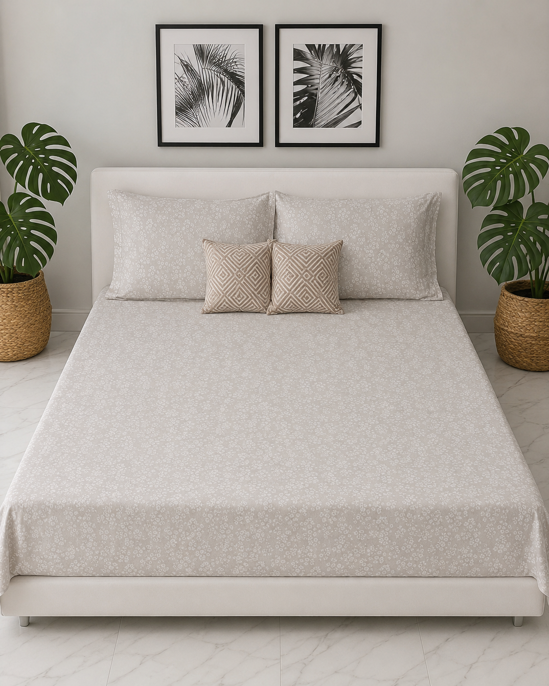 AD26 – Sand Beige Floral Pure Cotton Super King Bedsheet Set