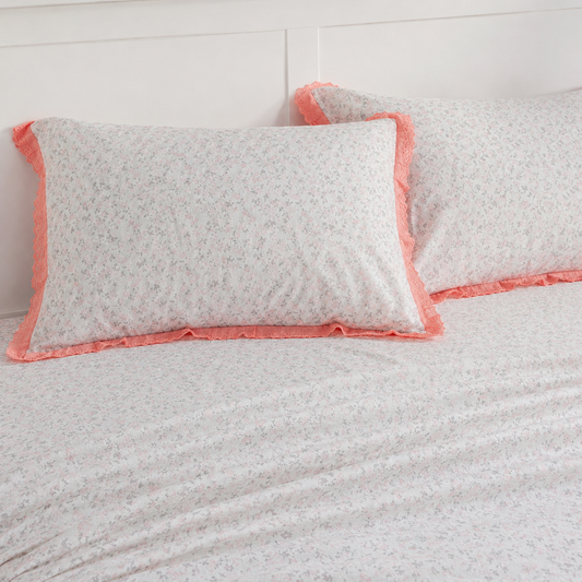 AD29 – Blush Garden Pure Cotton King-Size Bedsheet Set with Lace Pillow Covers