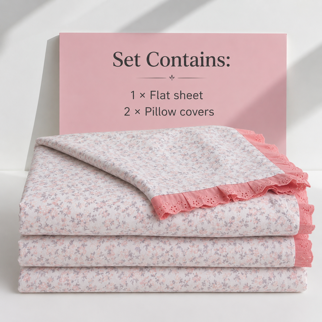 AD29 – Blush Garden Pure Cotton King-Size Bedsheet Set with Lace Pillow Covers