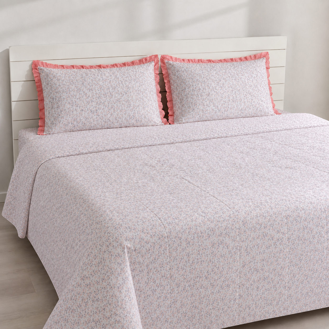 AD29 – Blush Garden Pure Cotton King-Size Bedsheet Set with Lace Pillow Covers