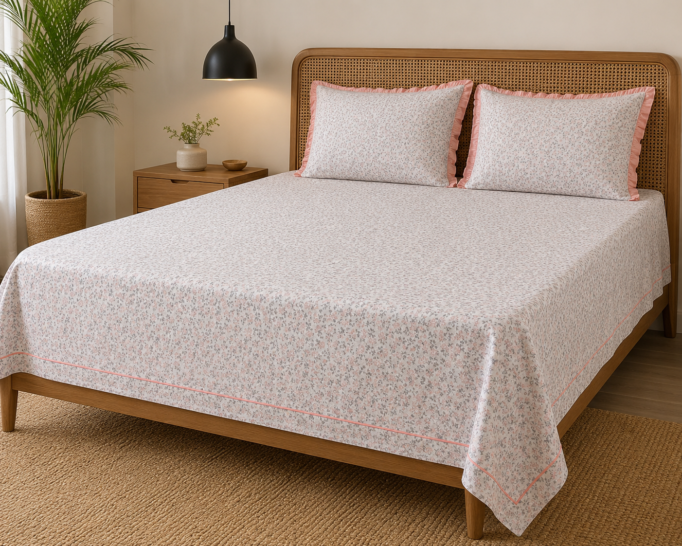AD29 – Blush Garden Pure Cotton King-Size Bedsheet Set with Lace Pillow Covers