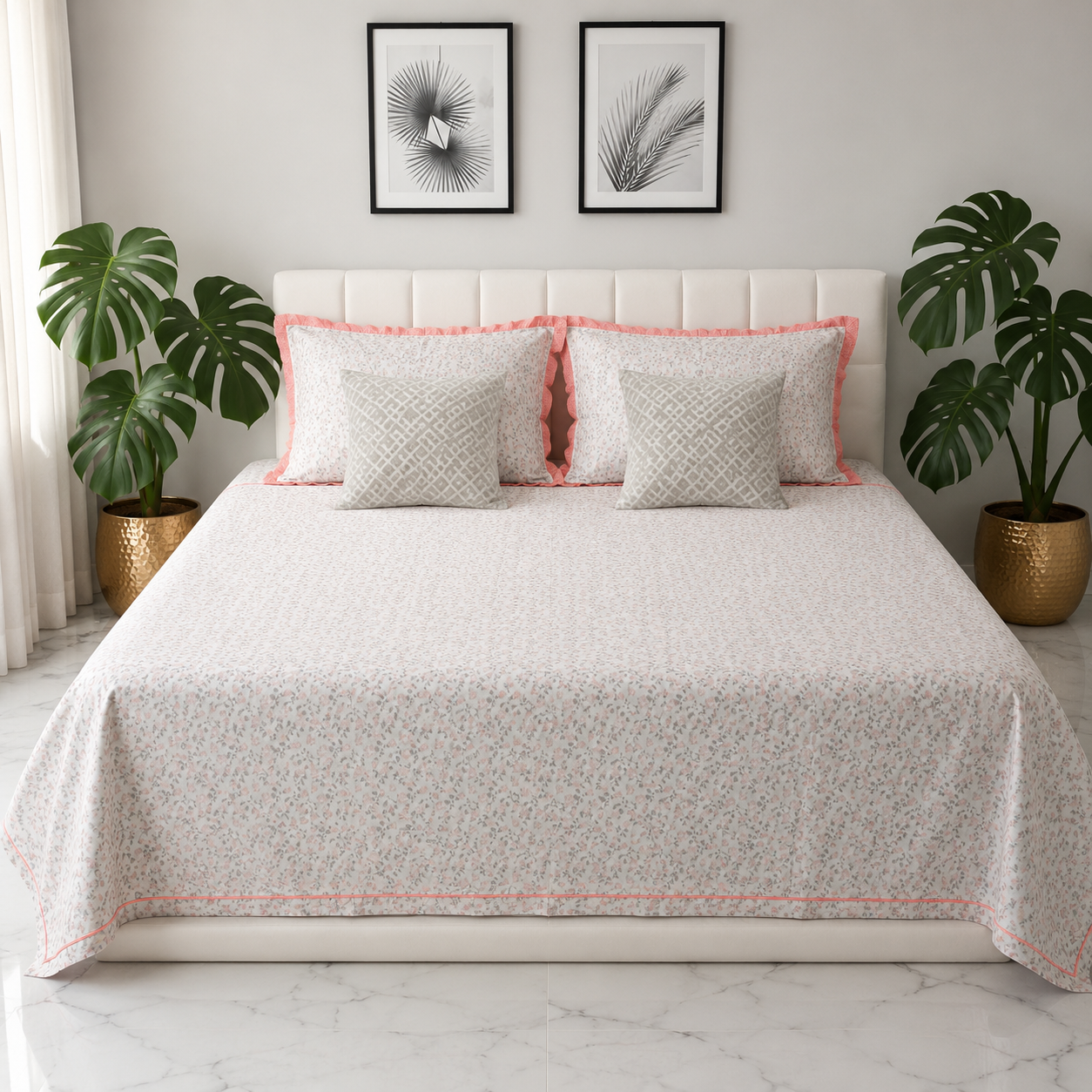 AD29 – Blush Garden Pure Cotton King-Size Bedsheet Set with Lace Pillow Covers