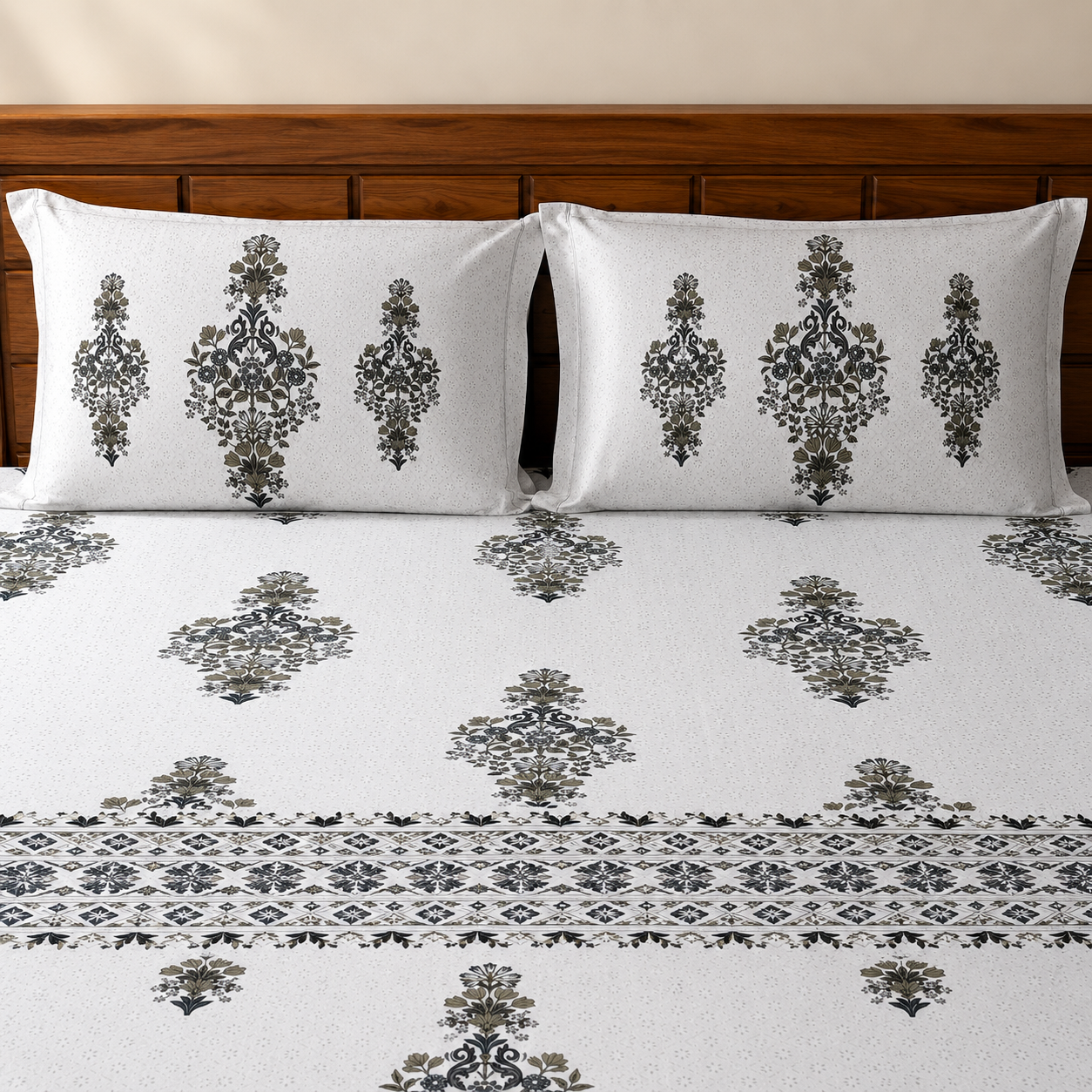 100% Cotton King Size Bedsheet Set | Elegant Floral Print | Soft, Cool & Breathable | With 2 Pillow Covers