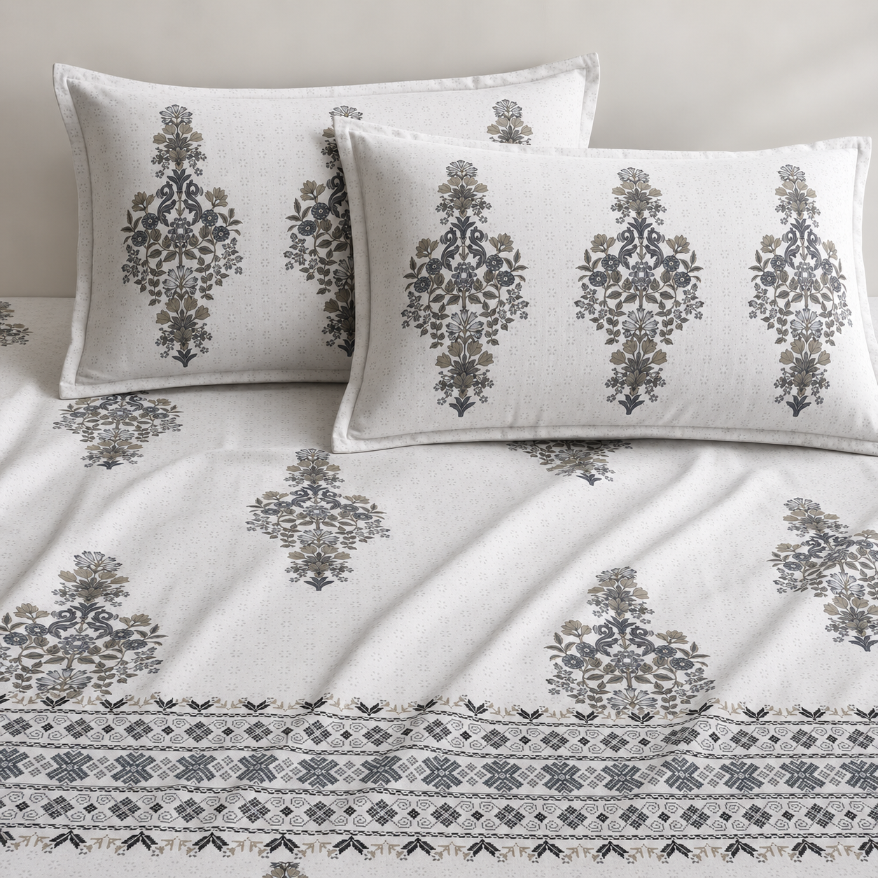 100% Cotton King Size Bedsheet Set | Elegant Floral Print | Soft, Cool & Breathable | With 2 Pillow Covers