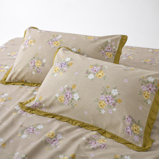 AD30 – Meadow Bloom Pure Cotton King-Size Bedsheet Set with Lace Pillow Covers