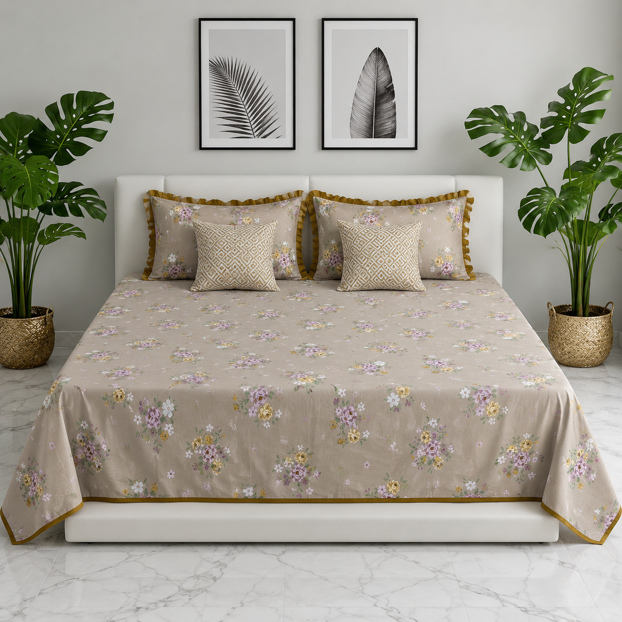 AD30 – Meadow Bloom Pure Cotton King-Size Bedsheet Set with Lace Pillow Covers