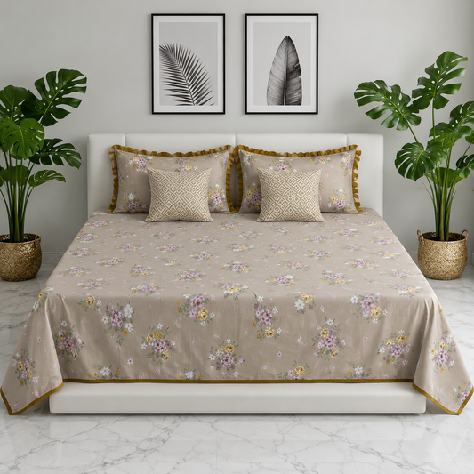 AD30 – Meadow Bloom Pure Cotton King-Size Bedsheet Set with Lace Pillow Covers