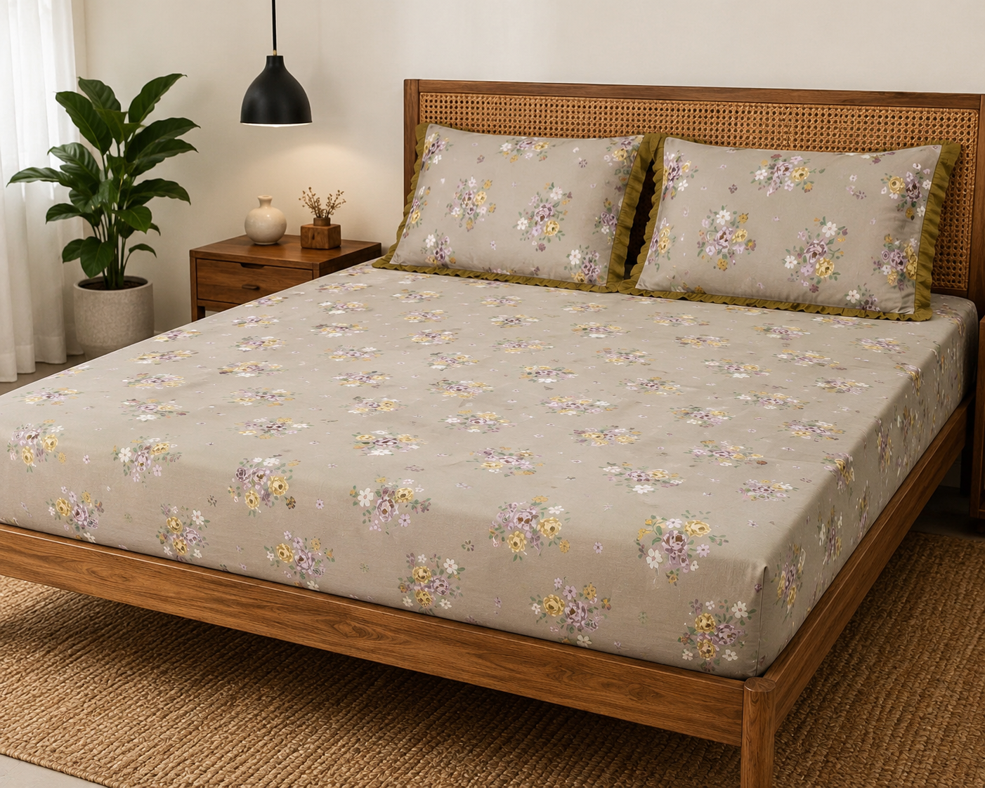 AD30 – Meadow Bloom Pure Cotton King-Size Bedsheet Set with Lace Pillow Covers