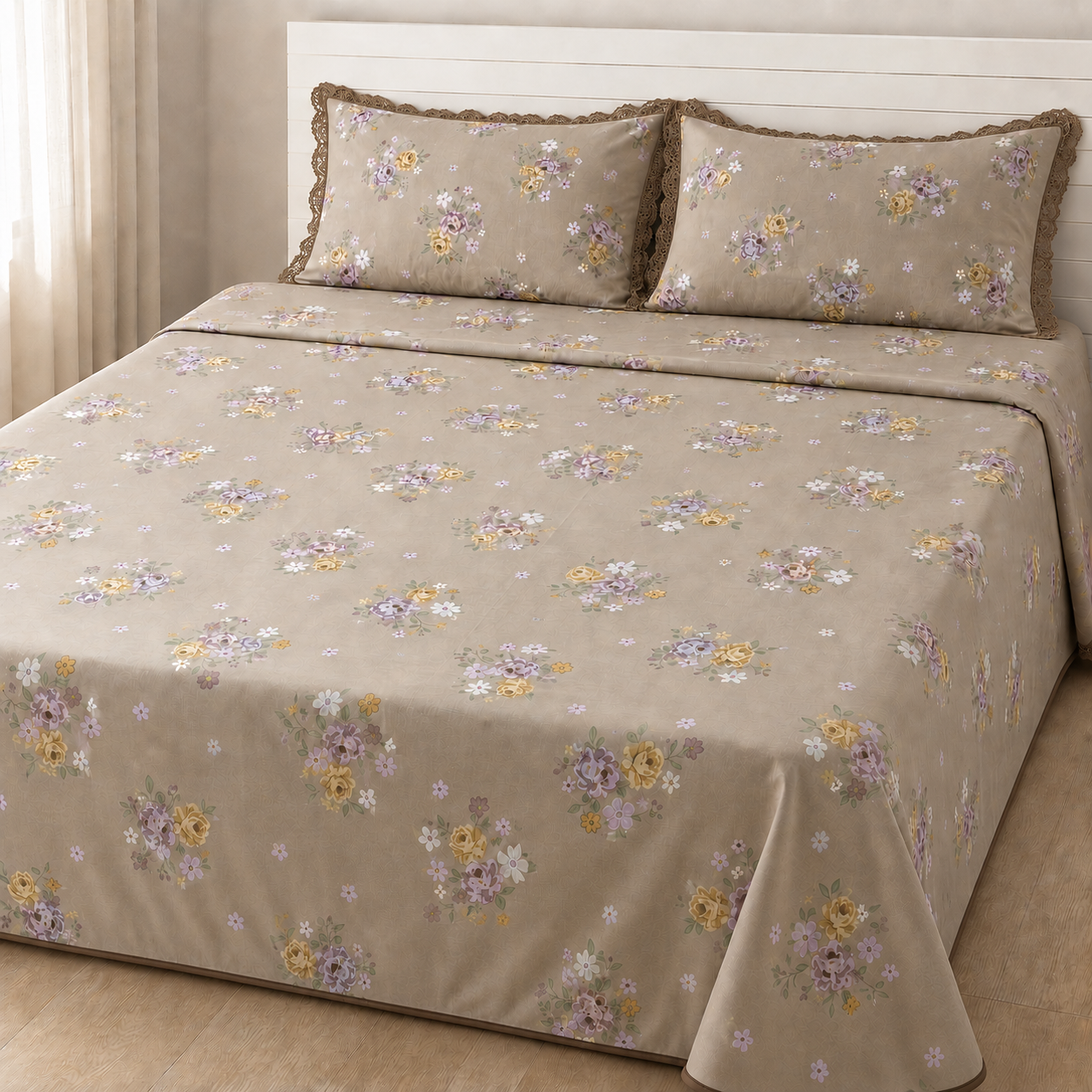 AD30 – Meadow Bloom Pure Cotton King-Size Bedsheet Set with Lace Pillow Covers