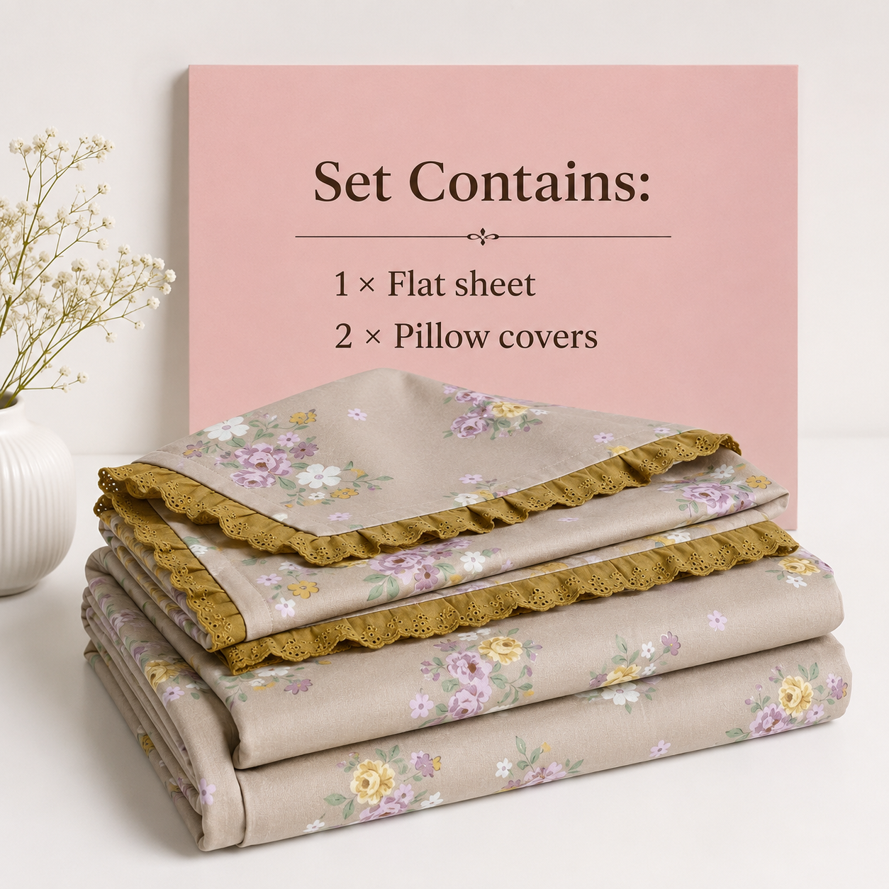 AD30 – Meadow Bloom Pure Cotton King-Size Bedsheet Set with Lace Pillow Covers