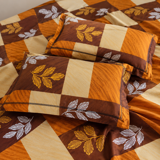 AD31 | 100% Pure Cotton Super King Size Bedsheet | Autumn Block Leaf Print | 275x290 cm| Warm & Earthy Design