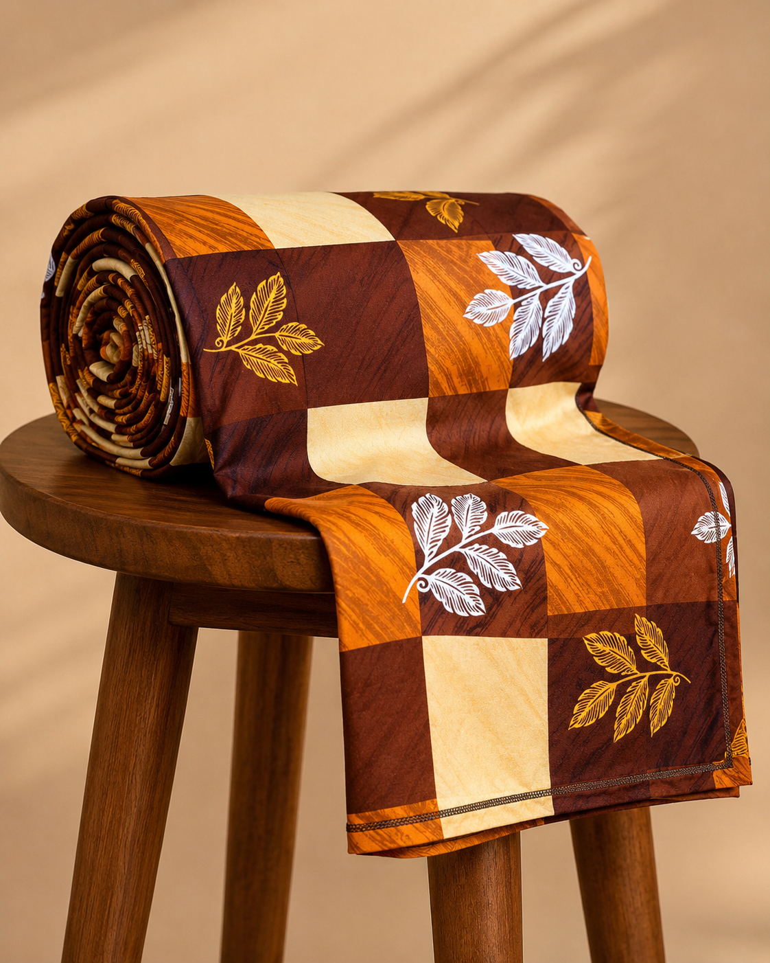 AD31 | 100% Pure Cotton Super King Size Bedsheet | Autumn Block Leaf Print | 275x290 cm| Warm & Earthy Design