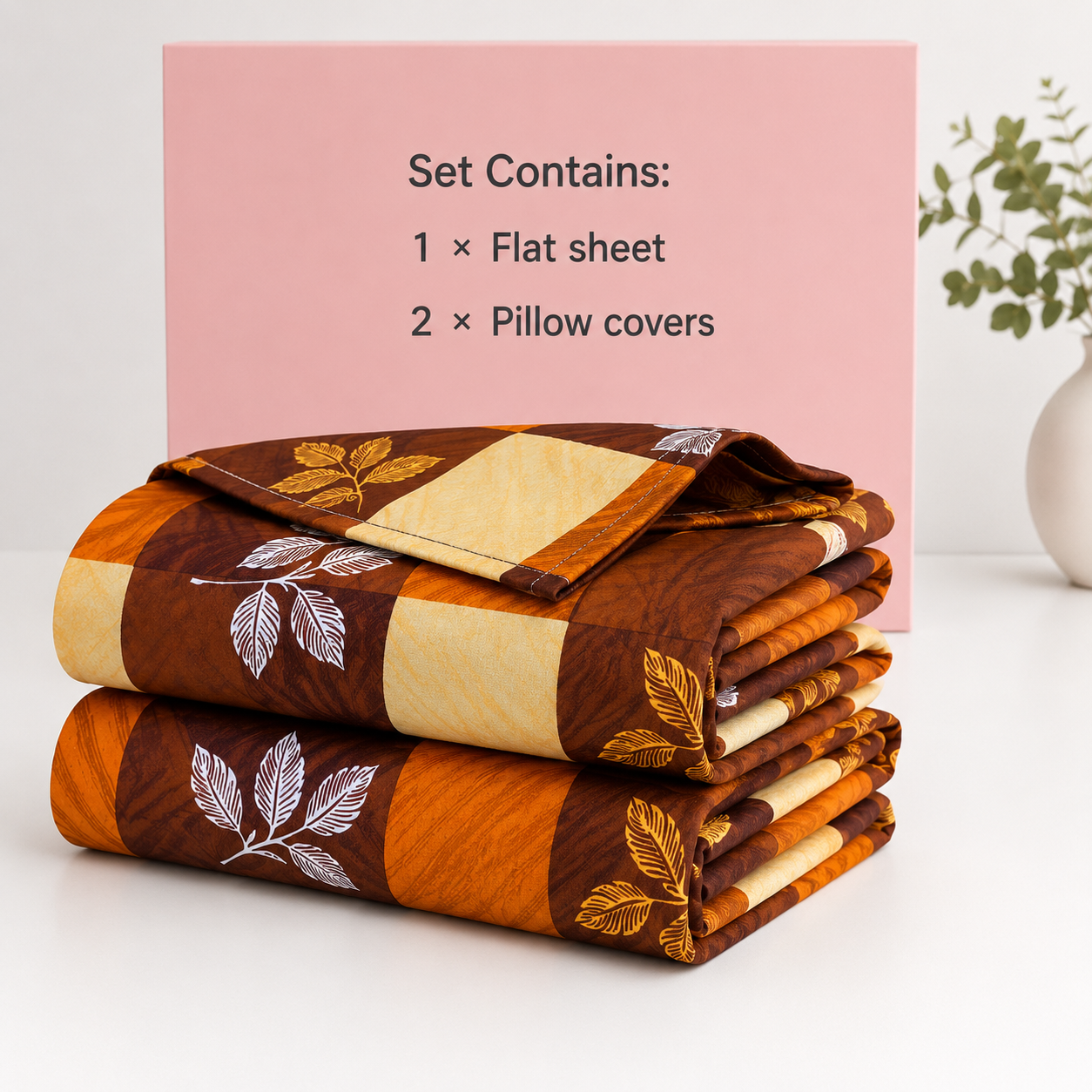 AD31 | 100% Pure Cotton Super King Size Bedsheet | Autumn Block Leaf Print | 275x290 cm| Warm & Earthy Design