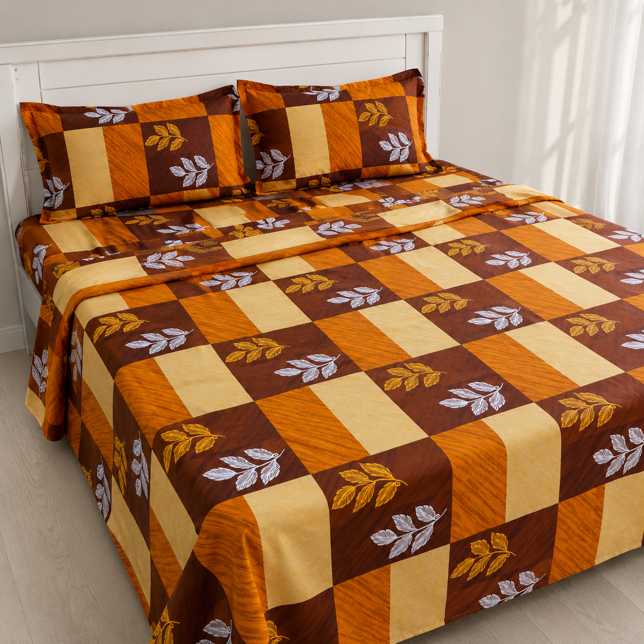 AD31 | 100% Pure Cotton Super King Size Bedsheet | Autumn Block Leaf Print | 275x290 cm| Warm & Earthy Design