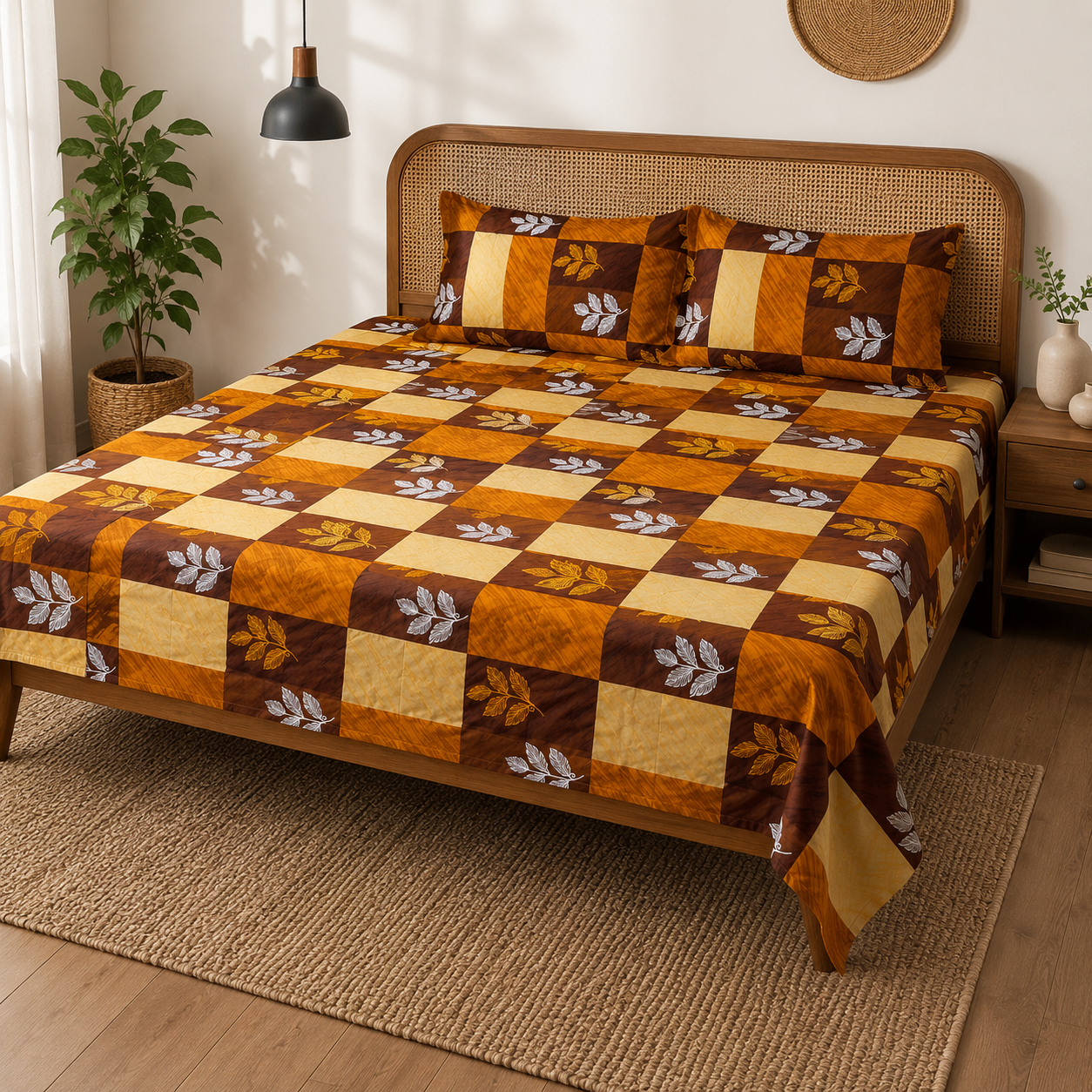 AD31 | 100% Pure Cotton Super King Size Bedsheet | Autumn Block Leaf Print | 275x290 cm| Warm & Earthy Design