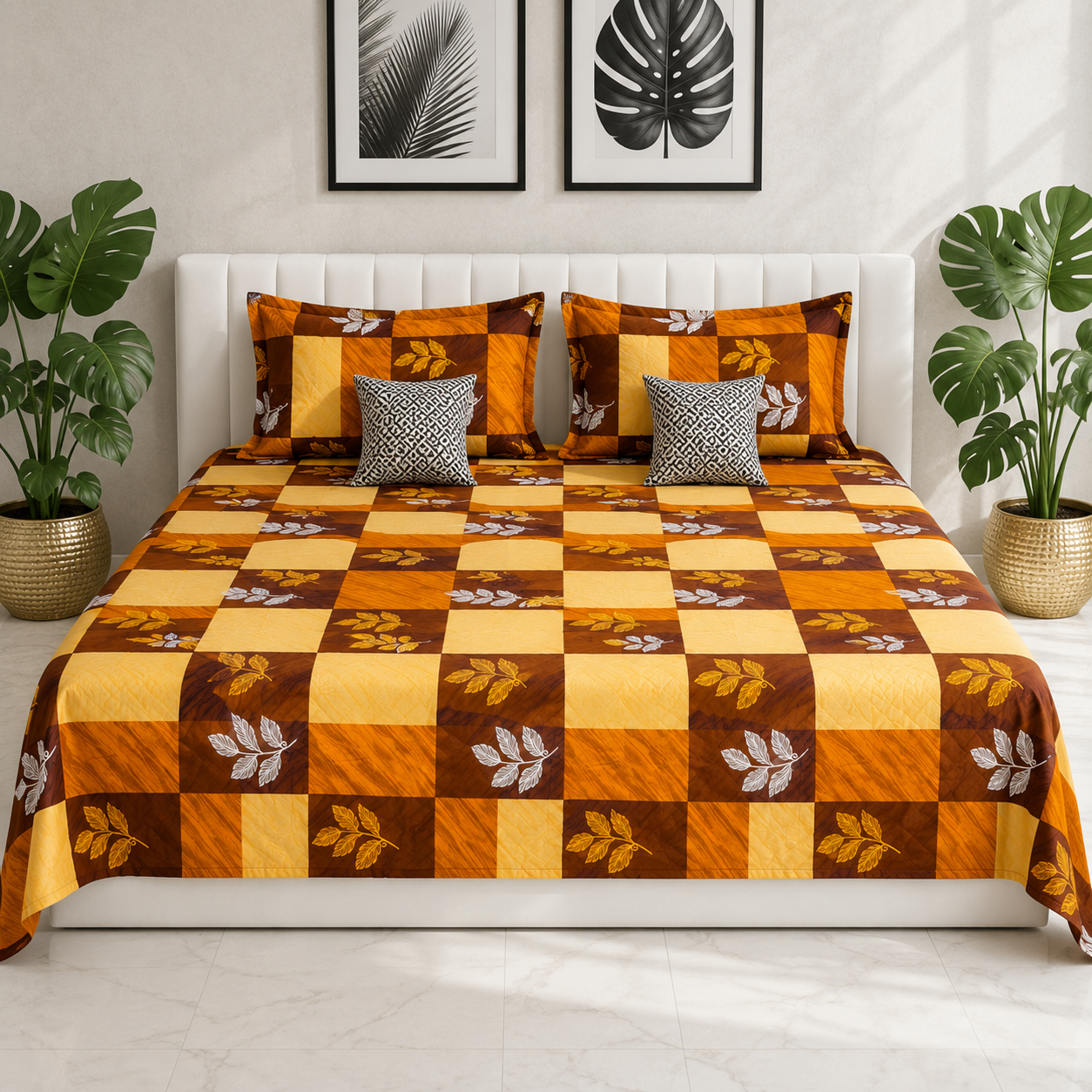 AD31 | 100% Pure Cotton Super King Size Bedsheet | Autumn Block Leaf Print | 275x290 cm| Warm & Earthy Design