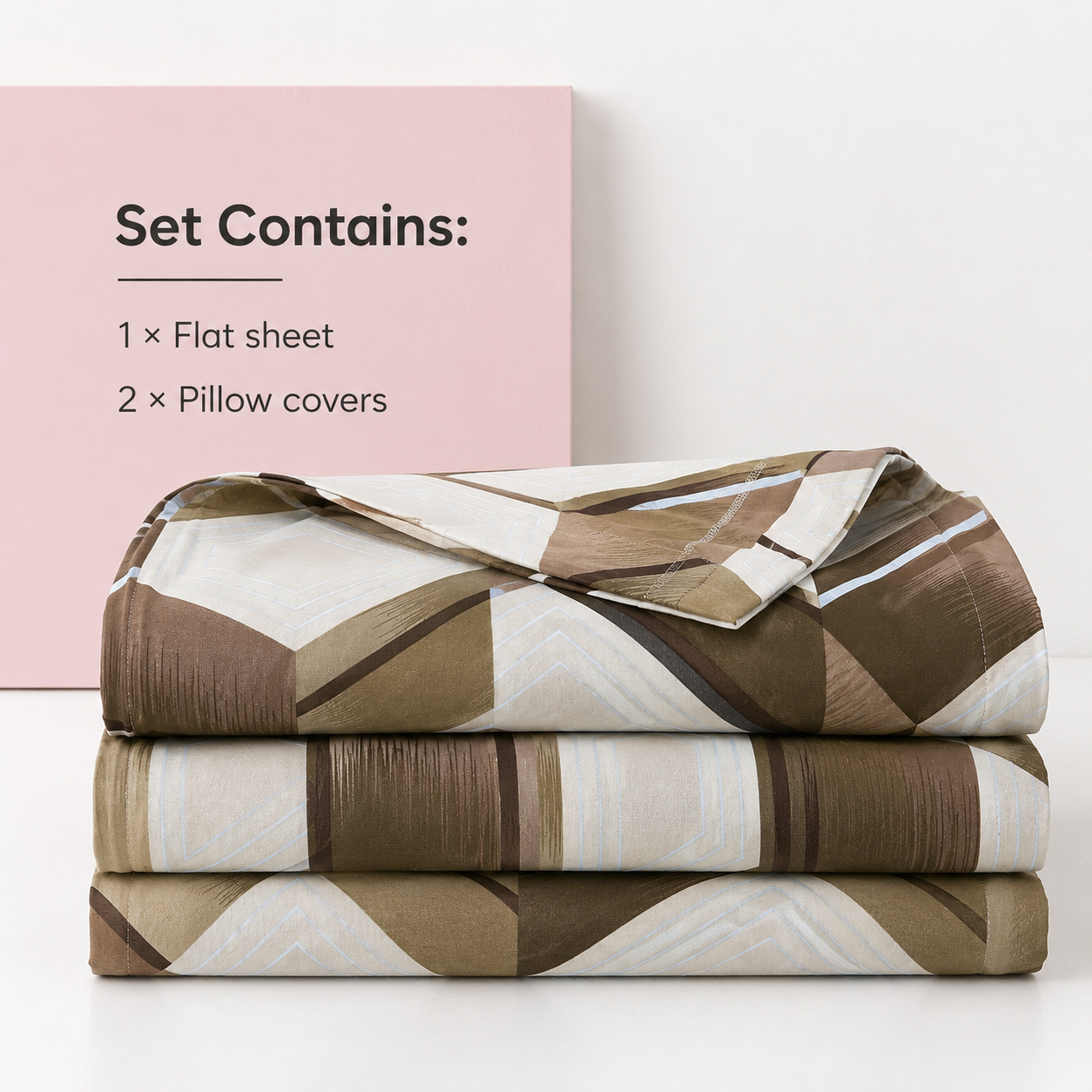 AD32 | 100% Cotton Double Bed Bedsheet with 2 Pillow Covers | King Size (275 x 275 cm) | Diamond Geometric Print in Brown & Beige |