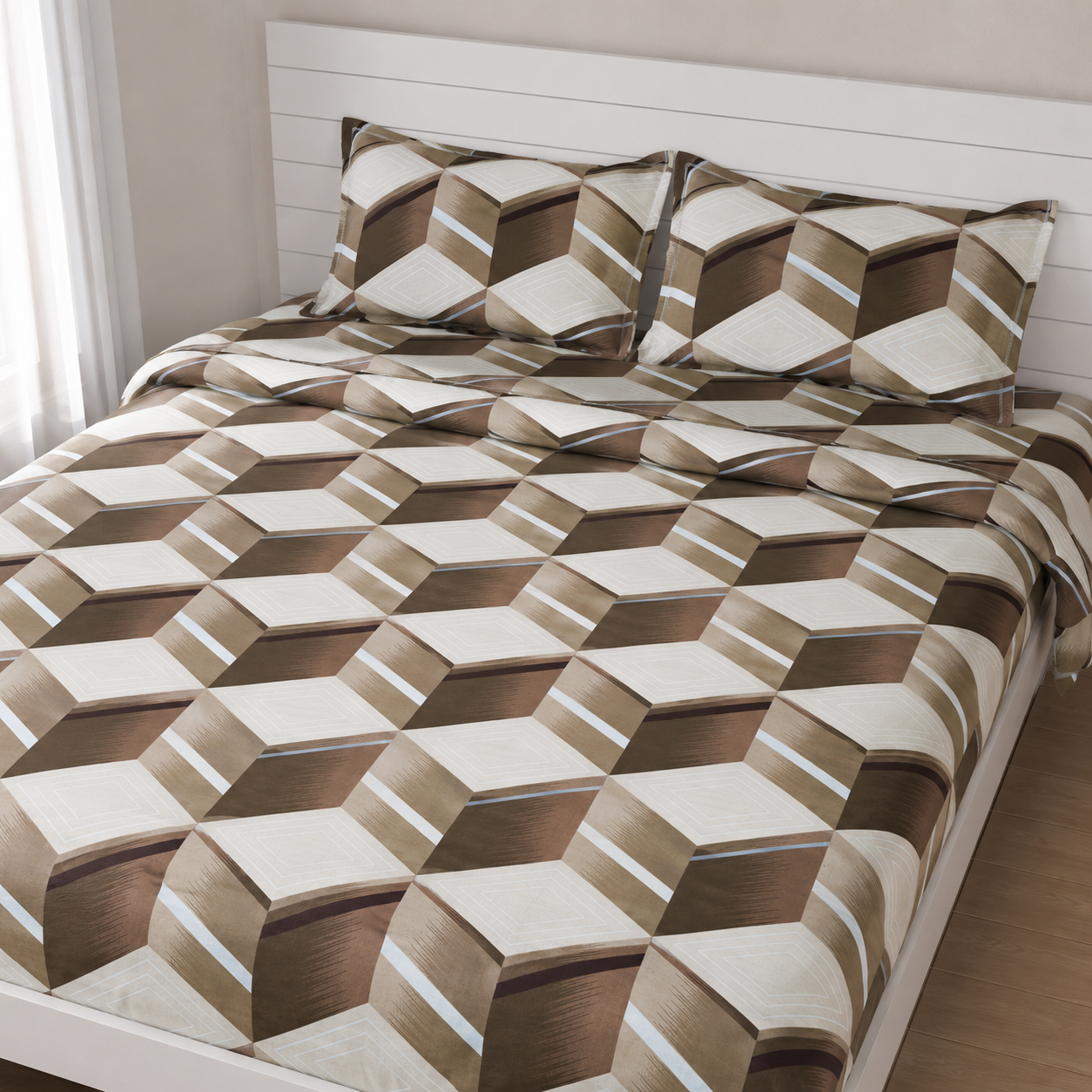 AD32 | 100% Cotton Double Bed Bedsheet with 2 Pillow Covers | King Size (275 x 275 cm) | Diamond Geometric Print in Brown & Beige |