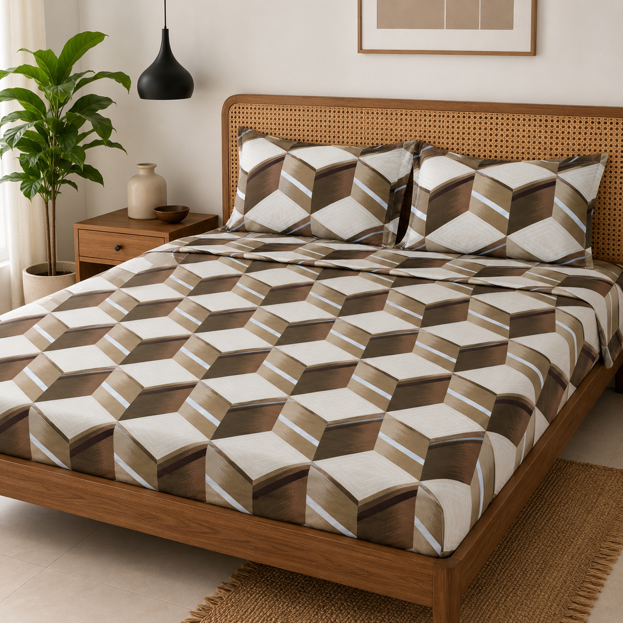 AD32 | 100% Cotton Double Bed Bedsheet with 2 Pillow Covers | King Size (275 x 275 cm) | Diamond Geometric Print in Brown & Beige |