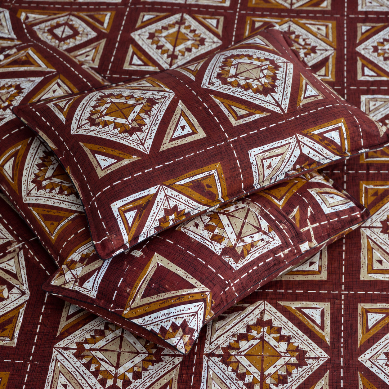 AD33 | 100% Cotton Double Bed Bedsheet with 2 Pillow Covers | King Size (275 x 275 cm) | Ethnic Geometric Block Print in Brown & Mustard |
