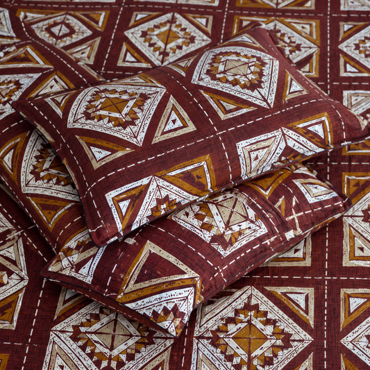 AD33 | 100% Cotton Double Bed Bedsheet with 2 Pillow Covers | King Size (275 x 275 cm) | Ethnic Geometric Block Print in Brown & Mustard |