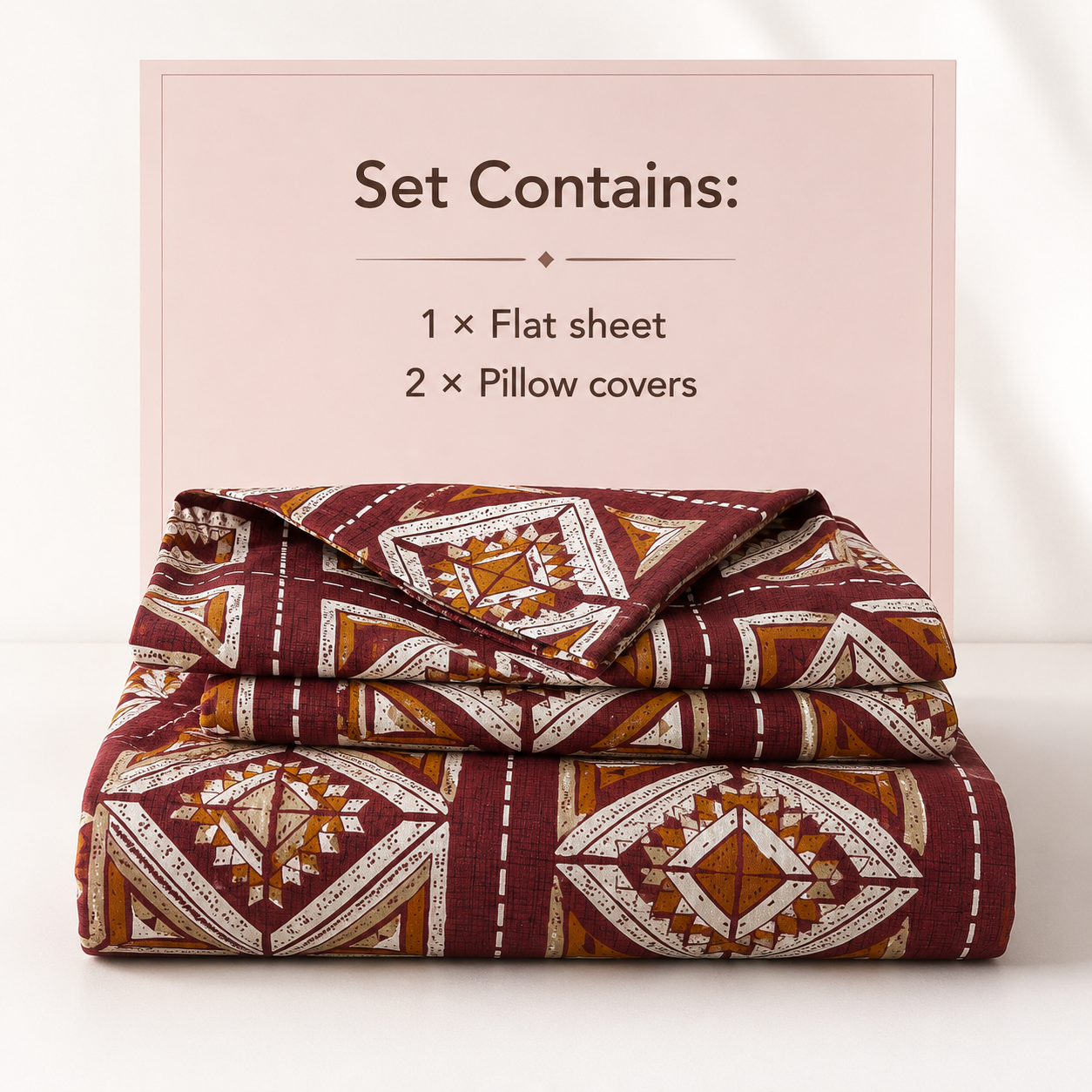 AD33 | 100% Cotton Double Bed Bedsheet with 2 Pillow Covers | King Size (275 x 275 cm) | Ethnic Geometric Block Print in Brown & Mustard |