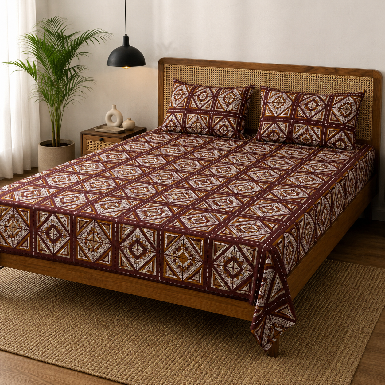 AD33 | 100% Cotton Double Bed Bedsheet with 2 Pillow Covers | King Size (275 x 275 cm) | Ethnic Geometric Block Print in Brown & Mustard |