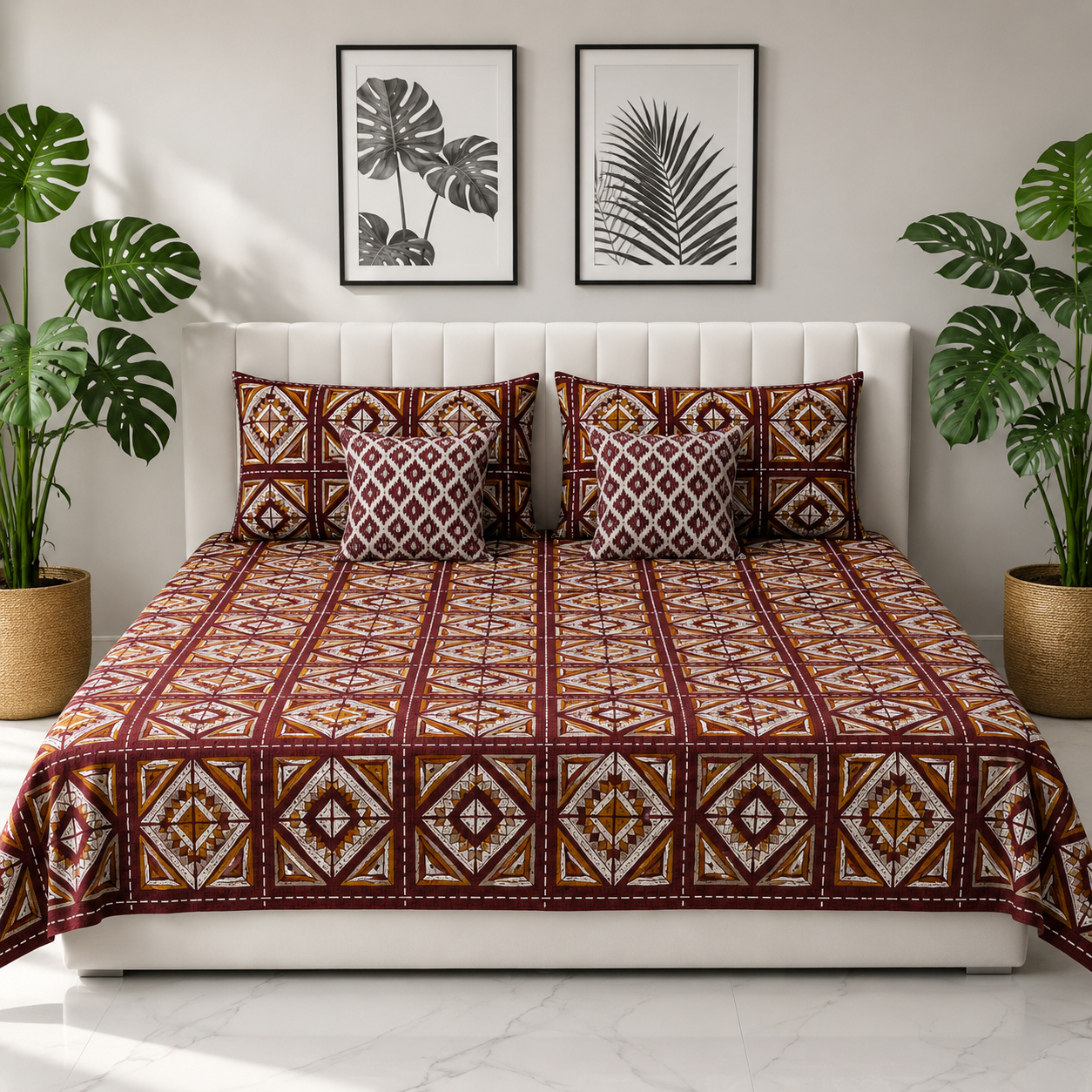 AD33 | 100% Cotton Double Bed Bedsheet with 2 Pillow Covers | King Size (275 x 275 cm) | Ethnic Geometric Block Print in Brown & Mustard |