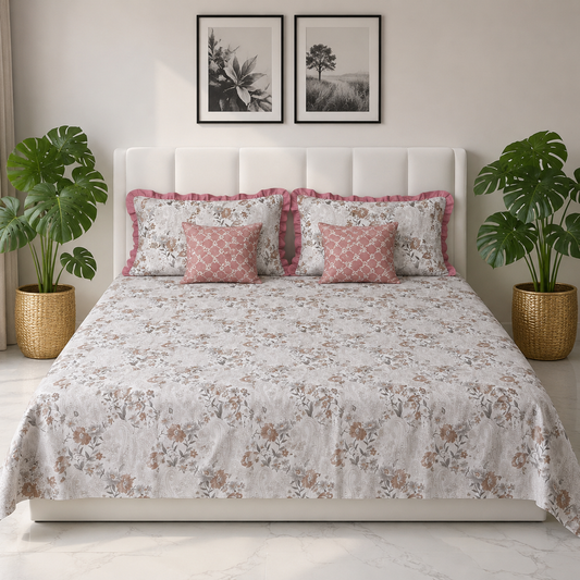 AD35 | Vintage Vines – 100% Cotton King Size Bedsheet Set | Paisley Floral Print | With 2 Frill Pillow Covers |