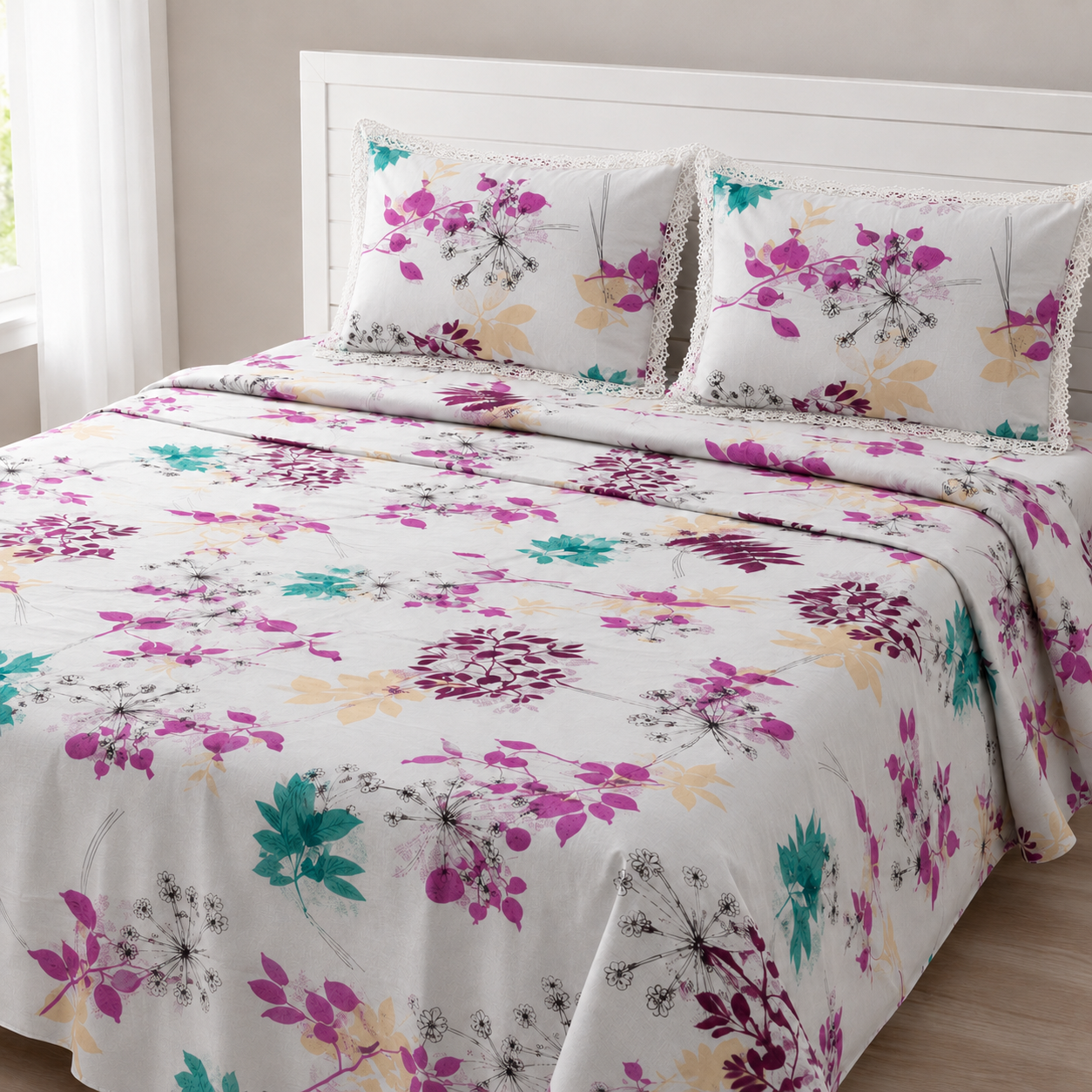 AD36 | Premium Floral Cotton Bedsheet with Muslin Dohar Set